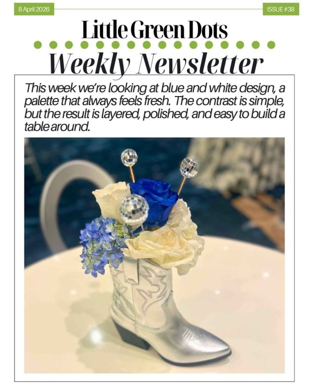 This week we're looking at blue and white design, a palette that always feels fresh. The contrast is simple, but the result is layered, polished, and easy to build a table around.
