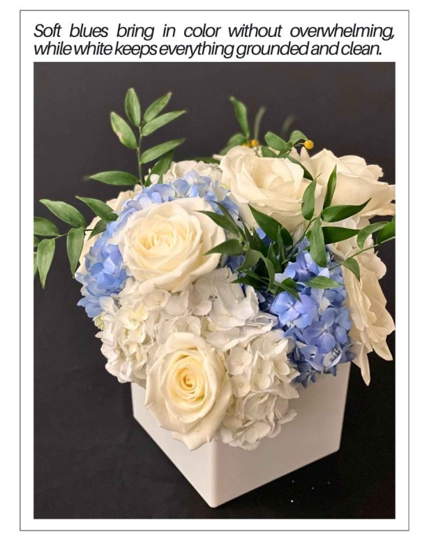 Soft blues bring in color without overwhelming, while white keeps everything grounded and clean.