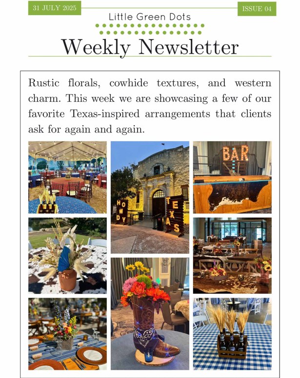 Rustic florals, cowhide textures, and western charm. This week we are showcasing a few of our favorite Texas-inspired arrangements that clients ask for again and again.