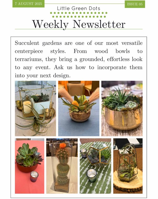 Succulent gardens are one of our most versatile centerpiece styles. From wood bowls to terrariums, they bring a grounded, effortless look to any event. Ask us how to incorporate them into your next design.