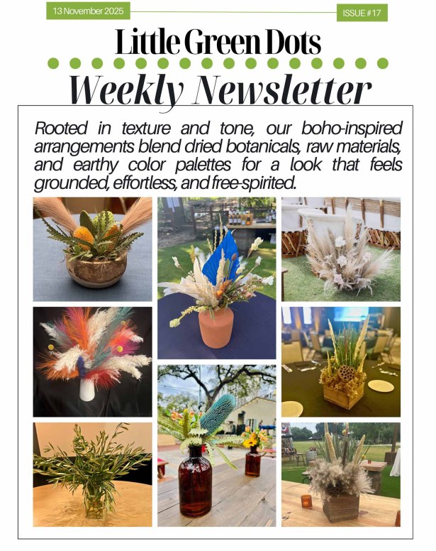 Rooted in texture and tone, our boho-inspired arrangements blend dried botanicals, raw materials, and earthy color palettes for a look that feels grounded, effortless, and free-spirited.