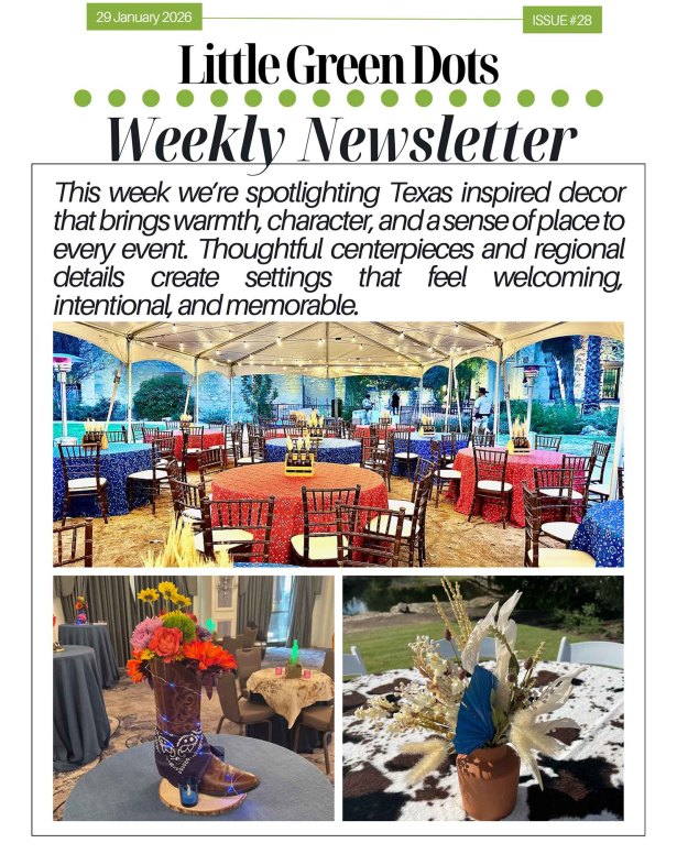 This week we're spotlighting Texas-inspired decor that brings warmth, character, and a sense of place to every event. Thoughtful centerpieces and regional details create settings that feel welcoming, intentional, and memorable.