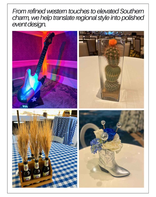 From refined western touches to elevated southern charm, we help translate regional style into polished event design.