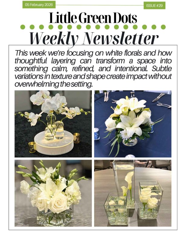 This week we're focusing on white florals and how thoughtful layering can transform a space into something calm, refined, and intentional. Subtle variations in texture and shape create impact without overwhelming the setting.