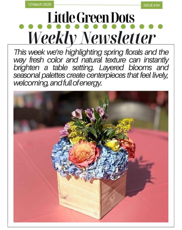 This week we're highlighting spring florals and the way fresh color and natural texture can instantly brighten a table setting. Layered blooms and seasonal palettes create centerpieces that feel lively, welcoming, and full ofenergy.