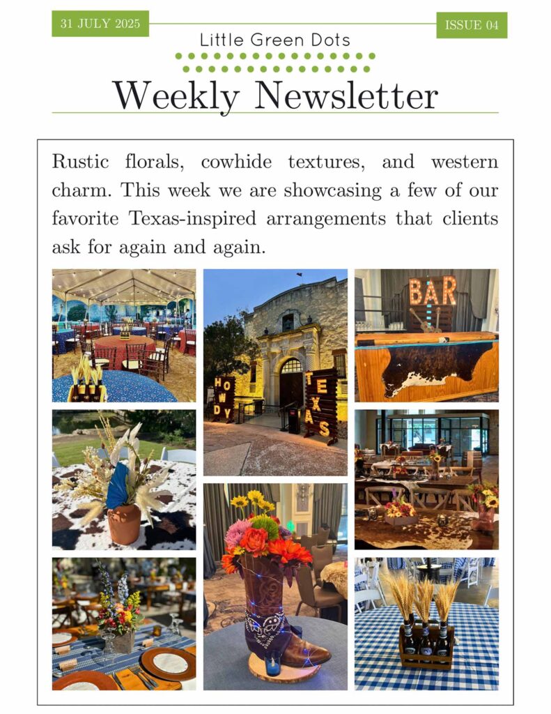 Rustic florals, cowhide textures, and western charm. This week we are showcasing a few of our favorite Texas-inspired arrangements that clients ask for again and again.