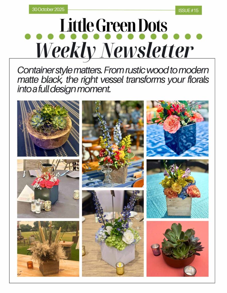 Container style matters. From rustic wood to modern matte black, the right vessel transforms your florals into a full design moment.