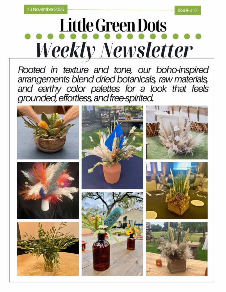 Rooted in texture and tone, our boho-inspired arrangements blend dried botanicals, raw materials, and earthy color palettes for a look that feels grounded, effortless, and free-spirited.