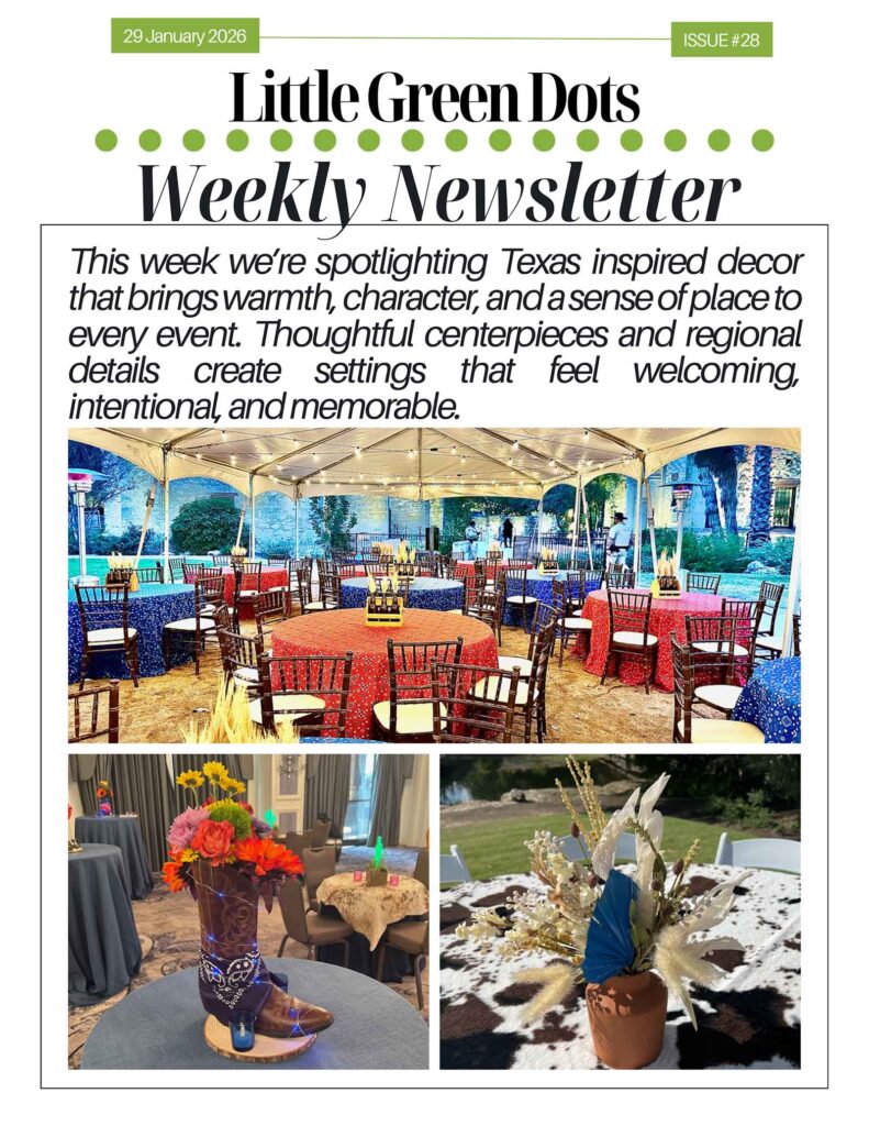 This week we're spotlighting Texas-inspired decor that brings warmth, character, and a sense of place to every event. Thoughtful centerpieces and regional details create settings that feel welcoming, intentional, and memorable.